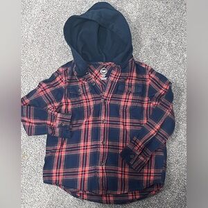 Size XS (4-5) Red and Blue Plaid Button-Up Shirt with Hood